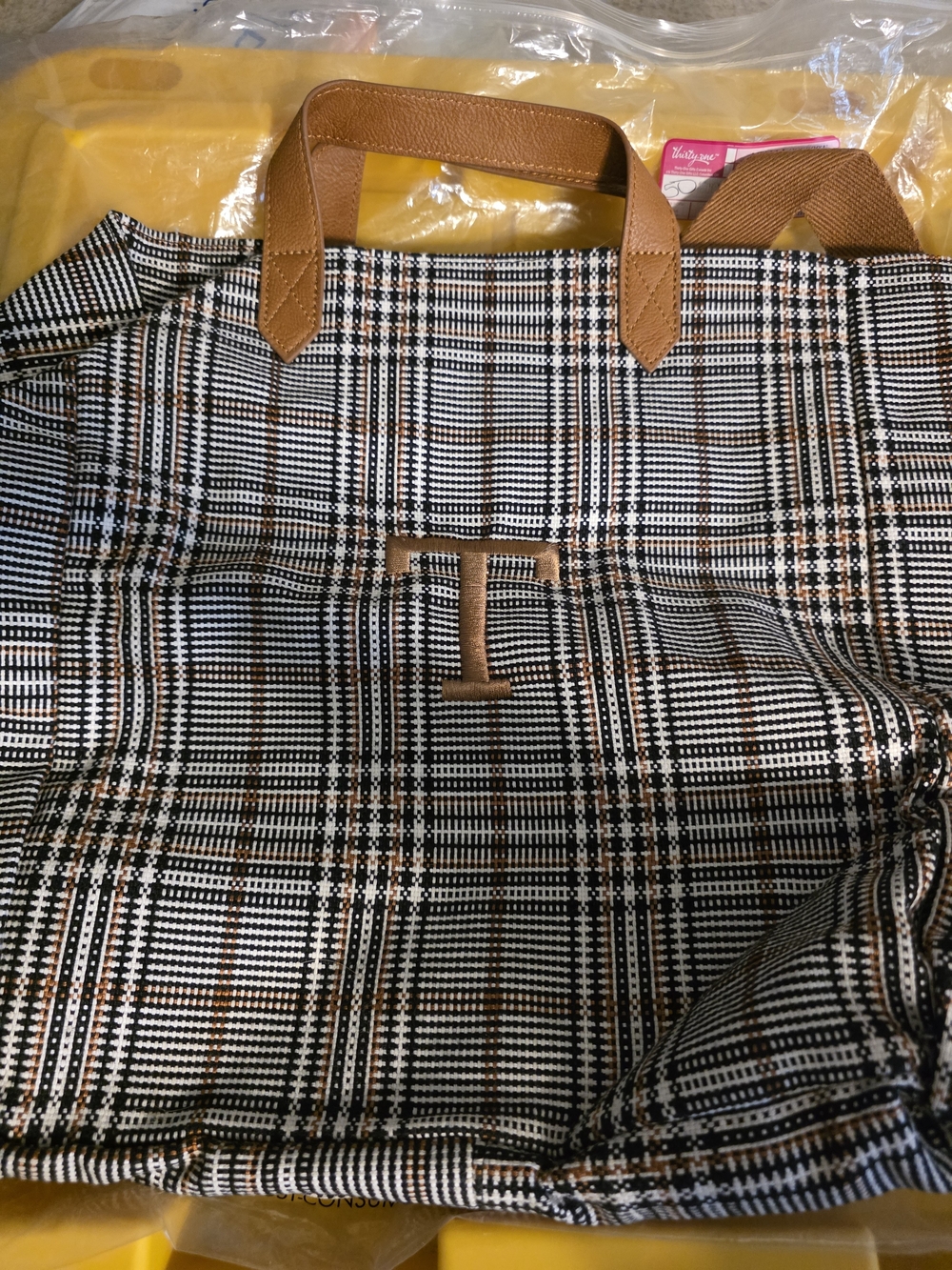 thirty-one Plaid Tote in Black, White & Brown with Tan Handles
